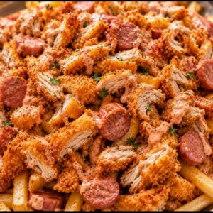 Ricuras ( papas fritas, pollo empanizado desmenuzado , salchichas y aderezo de la casa) Aldebarán